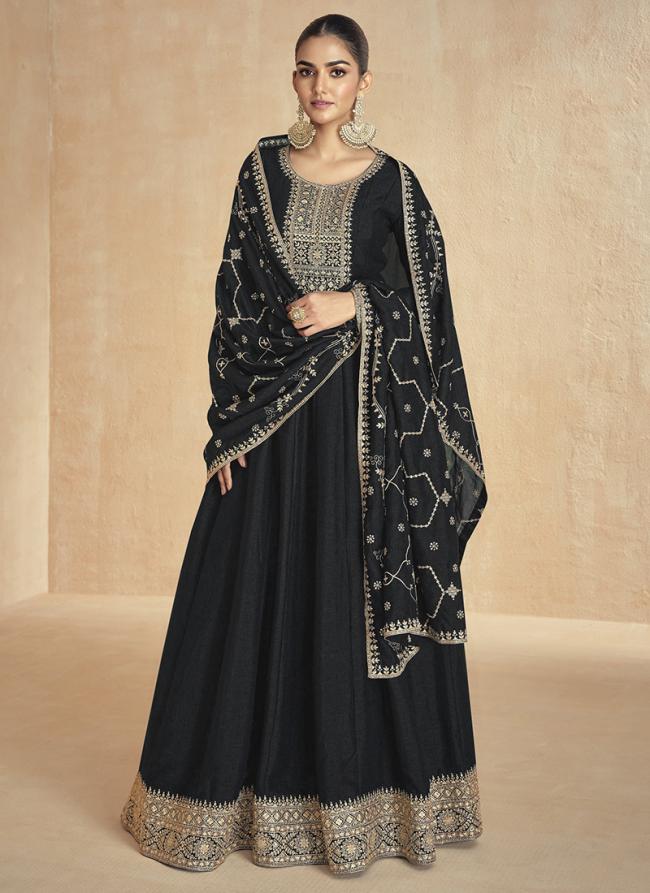 Premium Silk Black Ceremonial Wear Zari Work Readymade Anarkali Suit